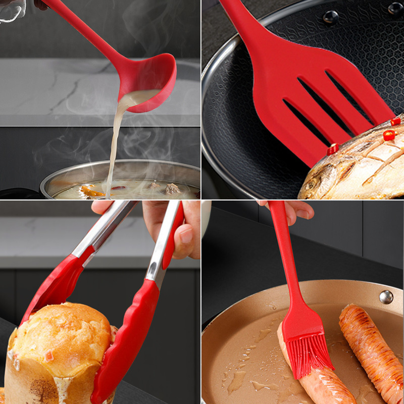 Cuchara de sopa de silicona, juego de 15 piezas, sartén antiadherente, pala de silicona, kit de cocina de silicona resistente a altas temperaturas de grado alimenticio al por mayor