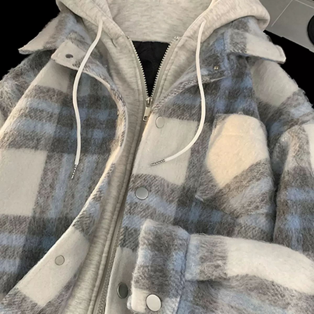 大码200斤假两件格子外套男春秋冬季2025美式小香风情侣连帽夹克