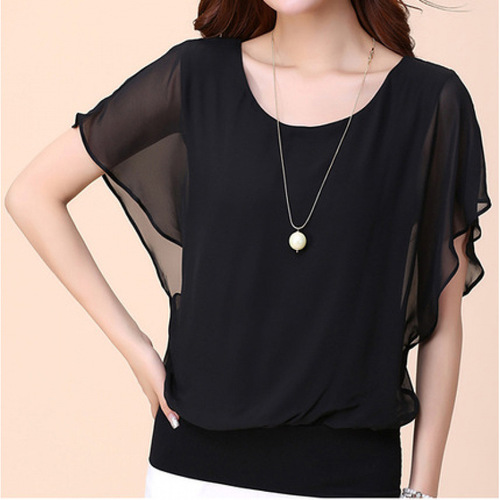 2024 new summer new round collar short sleeve loose fashionable chiffon large size base shirt for women