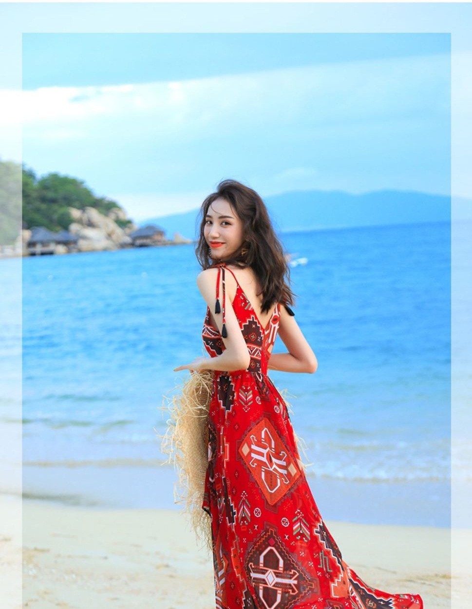 Đầm maxi voan treo nữ phong cách Bohemian dài chấm gót — màu đỏ chi tiết 9
