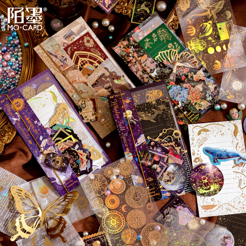 MoMo Gold Foil Material Pack – White Night Flight Series, Retro Diary DIY Materials & Decorative Stickers, 40 Pieces in 4 Designs