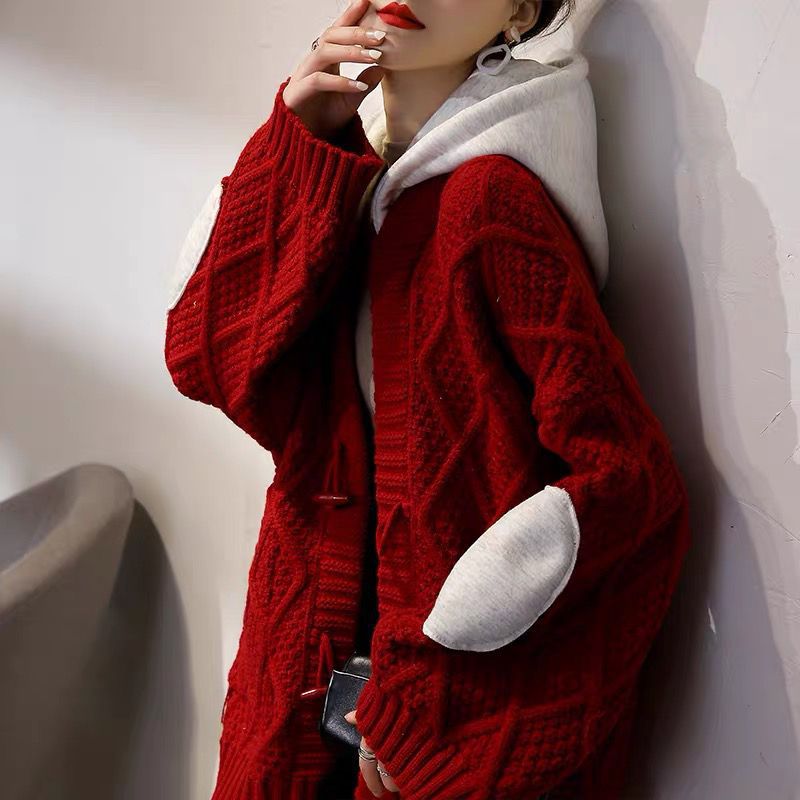 红色圣诞毛衣外套女宽松外穿秋冬加厚复古粗线麻花中长款连帽开衫