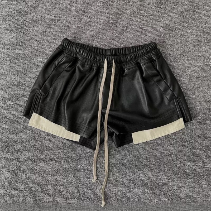 Jcstone Dark Ro Style Basic Pu Leather Side Slit Flap Pocket Pants Exposed Elastic Waist Drawstring Shorts for Women