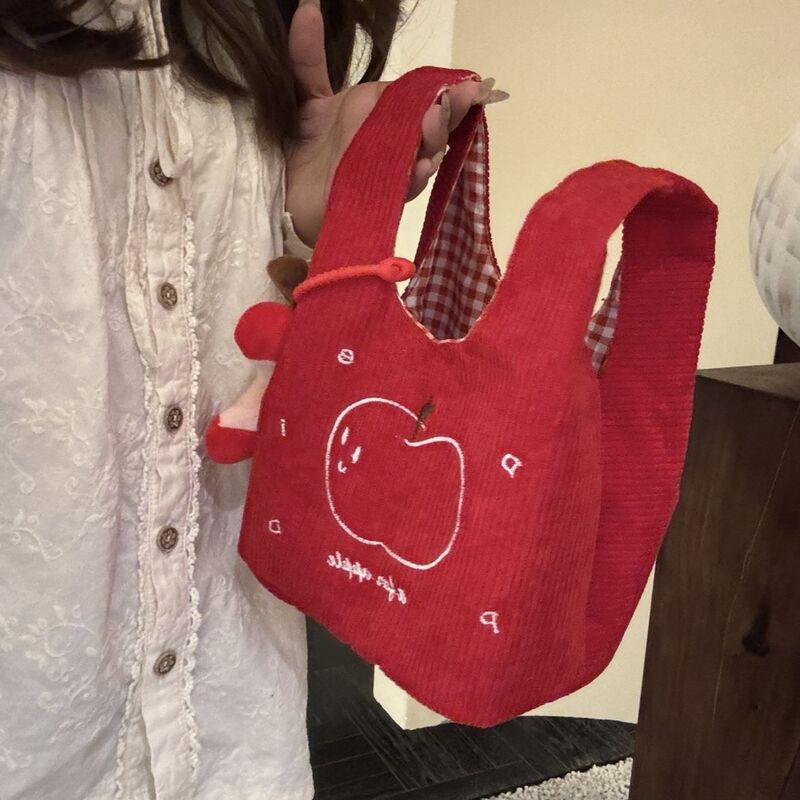 Cute Cartoon Embroidered Apple Storage Bag Corduroy Cosmetic Bag Large Capacity Travel Portable Shoulder Bag Tote Bag