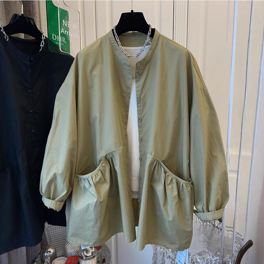 Three-Dimensional Double Pocket Cotton Long-Sleeve Shirt Top for Women, Loose Casual Trench Coat Jacket, New Versatile Summer 2025 Style