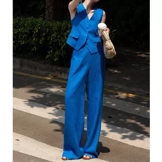 高级感蓝色马甲套装女2026夏季法式贵气通勤无袖背心阔腿裤两件套