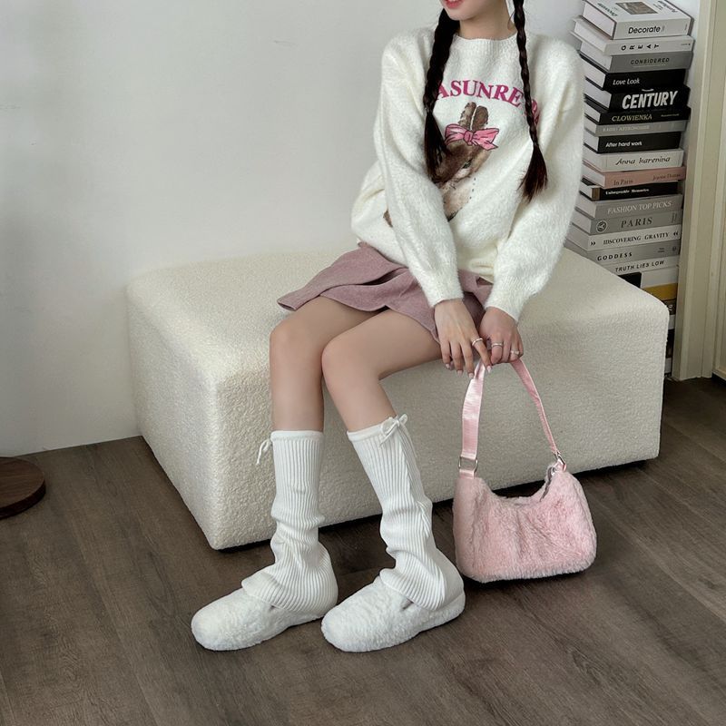 Autumn and Winter Warm Knitted Calf Sleeves Slimming Vertical Striped Strap Long Socks Fashion Spicy Girl Micro-Flared Slouch Socks