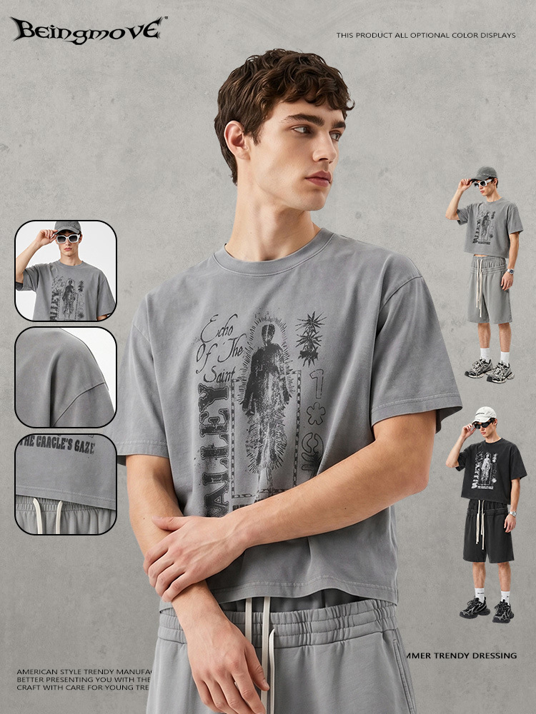 Calle secada| Nicho americano calles oscuras camisetas vintage sueltas camisetas vintage lavados de hombros de manga corta hombre