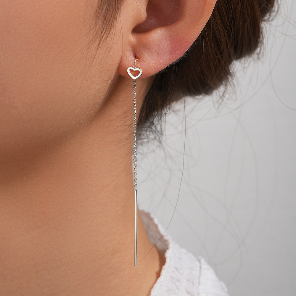 6g Weight 925 Sterling Silver Ear Needle Material Threader Earrings Classification 1 Pair Quantity Daily, Date Occasion 925 Sterling Silver Material Heart Shape Pattern Women's Gender Tassel, Plating Design Sweet Style 1 Pair 925 Sterling Silver Heart Shape Threader Earrings 4
