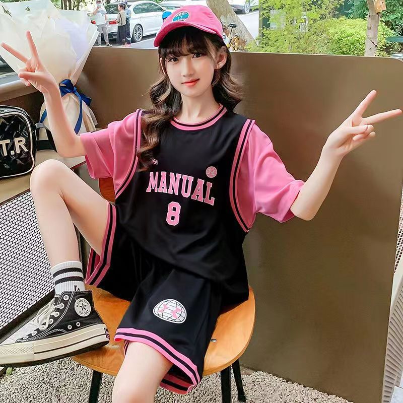 Girls Summer Suit 2025 New Summer Sportswear Shorts Two-Piece Loose Breathable Basketball Jersey Kidsren's Clothing