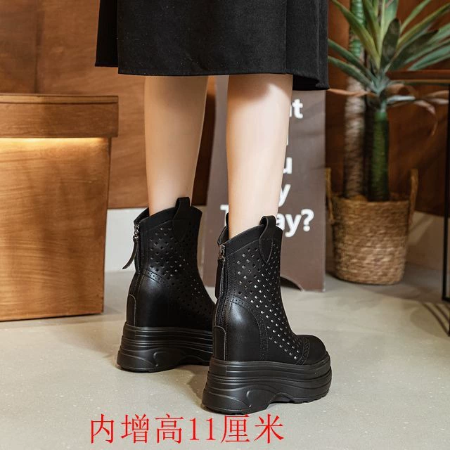 2025 новые ботинки на толстой подошве, тонкие сандалии, ботинки, увеличивающие рост, женские ботинки из натуральной кожи, перфорированные кожаные ботинки, рыцарские сапоги на высоком каблуке