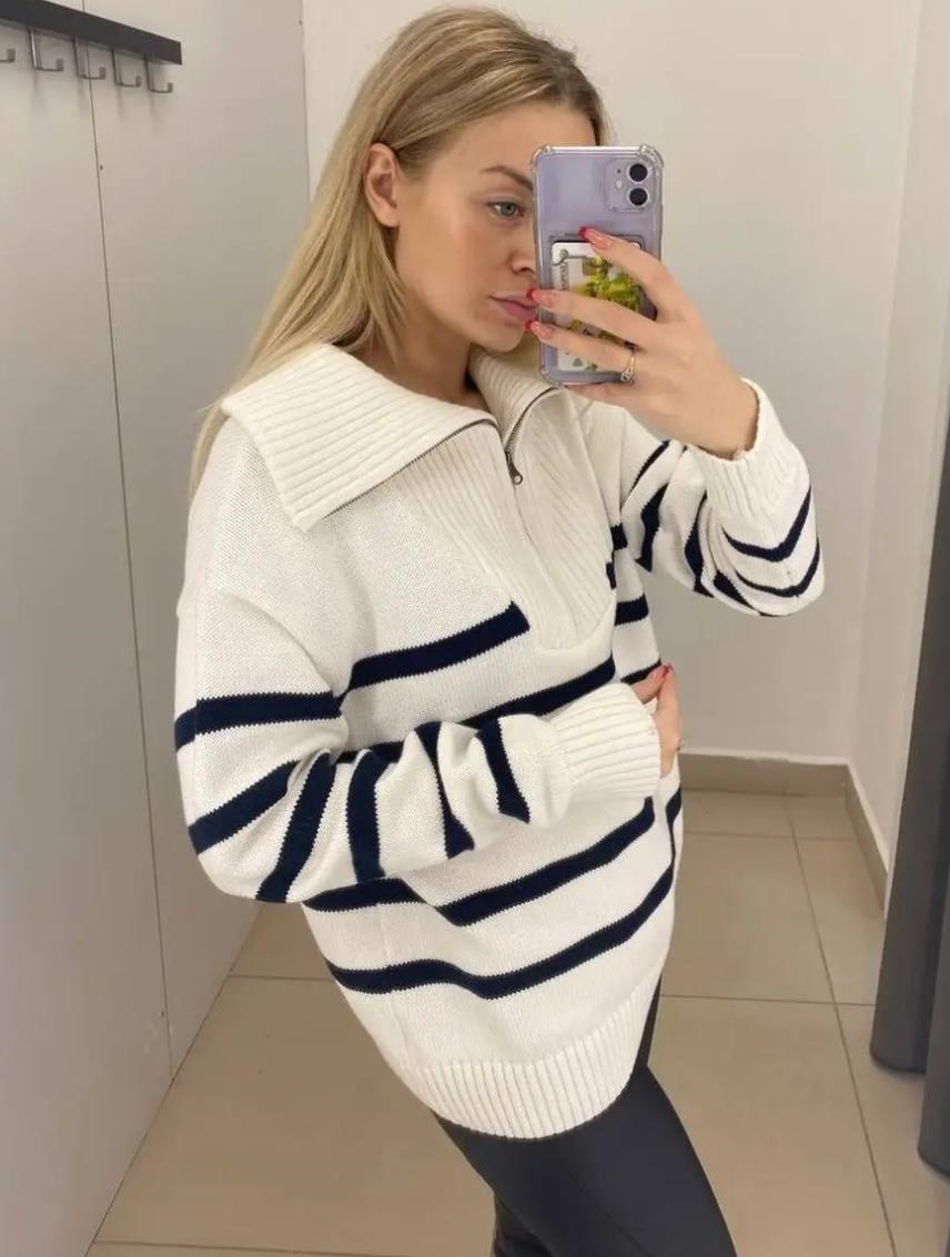 2024 neuer Damen-Herbst-Winter-College-Stil, außen und innen getragener gestreifter Strickpullover, Pullover mit halbem Reißverschluss_voghion.com