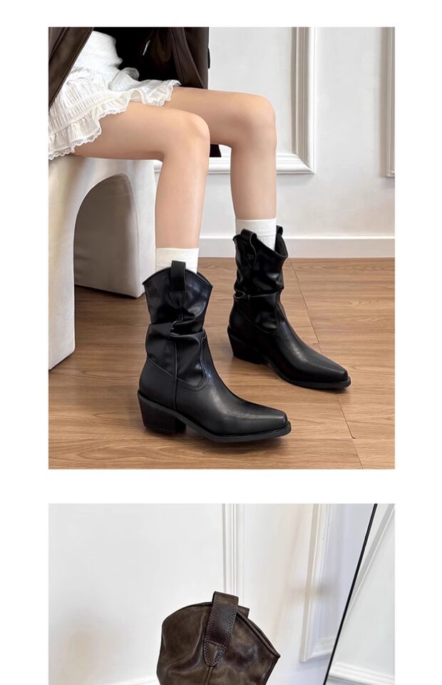 Bốt ngắn nữ mũi nhọn gót vừa 3–5 cm bằng da bò, kiểu bốt cao bồi — Màu đen, còn hàng, Đốm màu cà phê, Đốm mờ kaki, Đốm đen mờ chi tiết 10