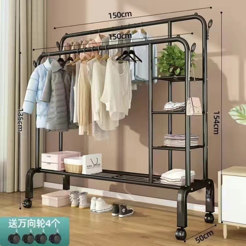 Black 150 single -layer double rod model+side hanging+wheel hook