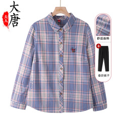 60岁奶奶衣服老年人秋装女纯棉格子衬衫中老年人妈妈秋冬全棉上衣