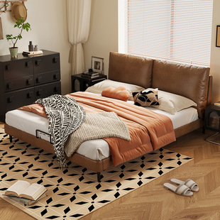 Vintage-Style Genuine Leather Upholstered Bed for Master Bedroom 1.5m Retro-Style Bedroom 1.8m Large Bed 2025 New High-End Elegant