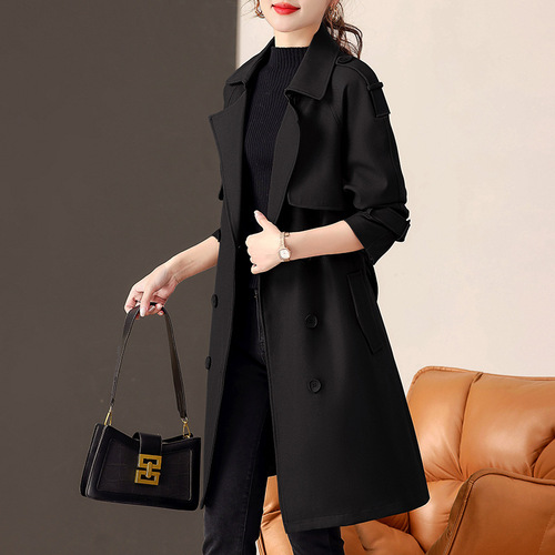 British style European style windbreaker for women  new spring and autumn temperament slim and versatile coat mid-length coat