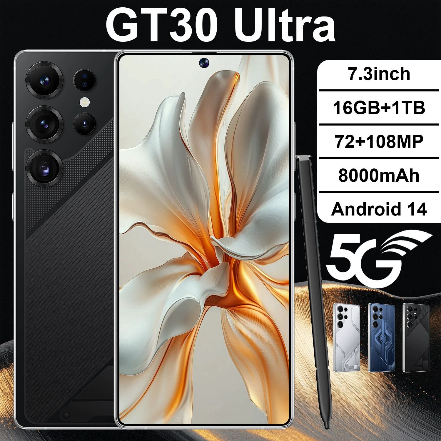 Смартфон GT30 Ultra, экран 7,3 дюйма, 16 ГБ + 1 ТБ, 8000 мАч, Android 14, 5G