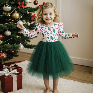 Cross-Border Export Children's Clothing Autumn and Winter New Girls Christmas Long-Sleeved Mesh Dress Printed Christmas Tree Children's Skirt