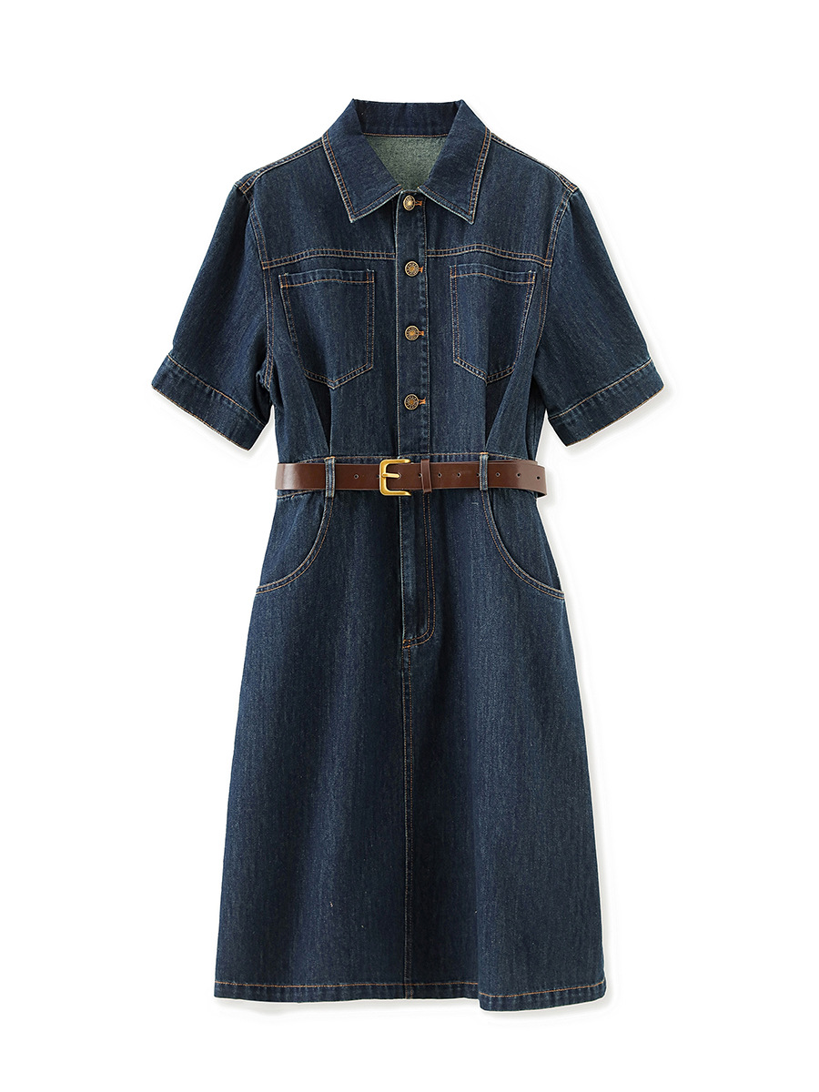 Váy denim nữ cổ ve phong cách Pháp retro Hồng Kông — Màu xanh lam