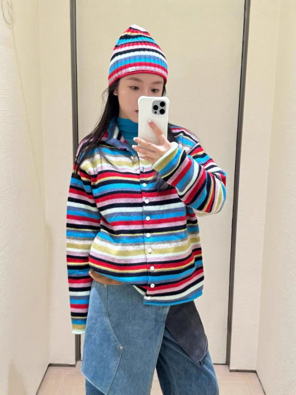 short短句新品 25秋冬季彩色撞色条纹百搭针织衫开衫马甲背心上衣|undefined