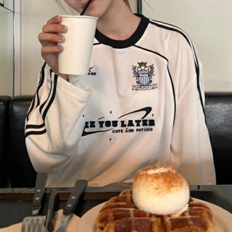 Lässiges Sweatshirt im amerikanischen Stil mit Rundhalsausschnitt, Buchstabendruck, Farbblock, Herbst, lockere Passform, Damen-Oberteil in Übergröße_voghion.com