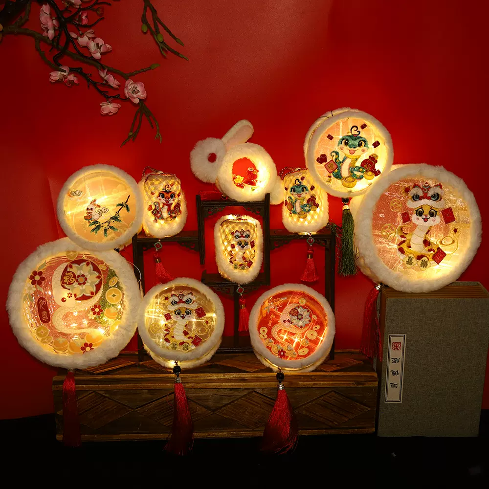 蛇年新年元宵灯绣花儿童灯笼花灯灯古风灯手提灯年竹编灯笼