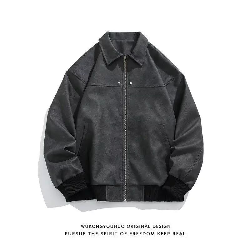 Autumn retro brown short polyurethane jacket, American style
