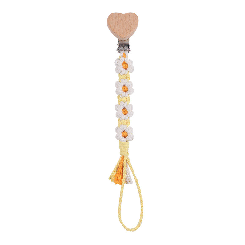 Productos para bebés, clips de chupete de haya de amor de dibujos animados, cadena de chupete de cuerda de algodón de margarita tejida a mano creativa