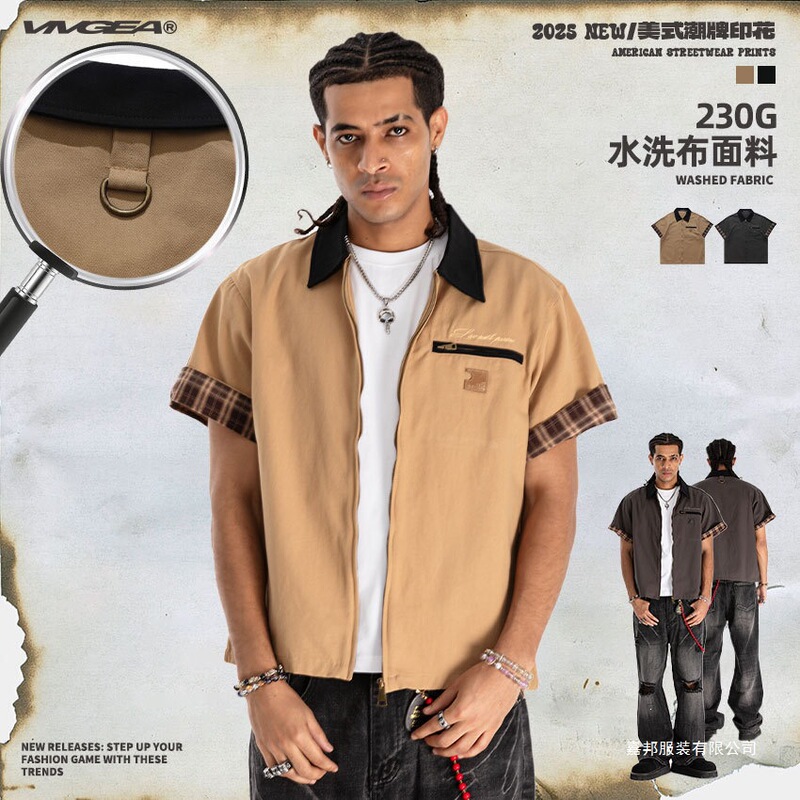 Men's clothing | Original American-style trendy workwear Carhartt-style short-sleeve shirt jacket with plaid collar and cuffs Men's clothing | Original American-style trendy workwear Carhartt-style short-sleeve shirt jacket with plaid collar and cuffs