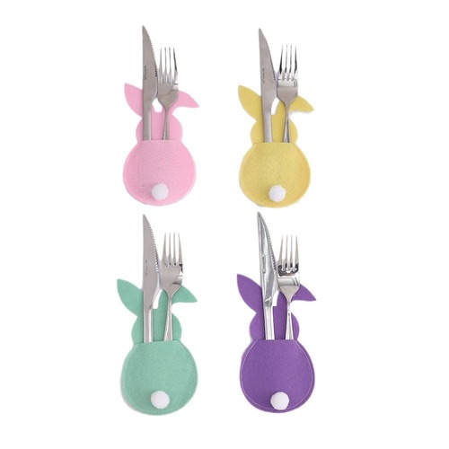 Easter bunny cutlery bag with tail cartoon colorful felt cutlery silverware storage bag table decoration