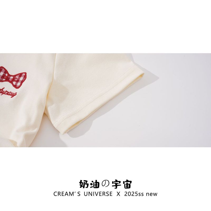 纯欲刺绣格纹蝴蝶结绑带斜肩短袖T恤女夏季甜辣妹收腰短款上衣ins|undefined