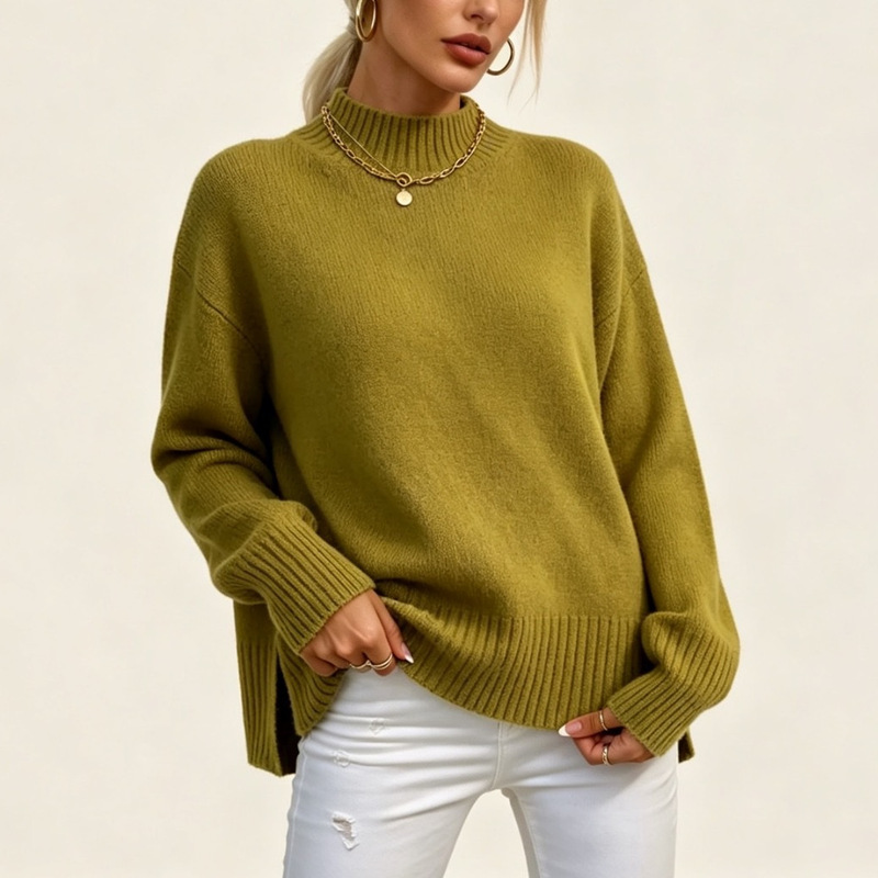 Cross-border European and American autumn and winter new large size loose half-high collar sweater for women with slits, solid color knit top in a casual style Cross-border European and American autumn and winter new large size loose half-high collar sweater for women with slits, solid color knit top in a casual style