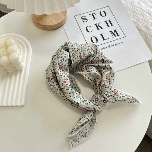 Casual floral chiffon scarf headband professional neck guard literary woman decoration collar scarf spring and autumn cotton linen small square scarf trendy