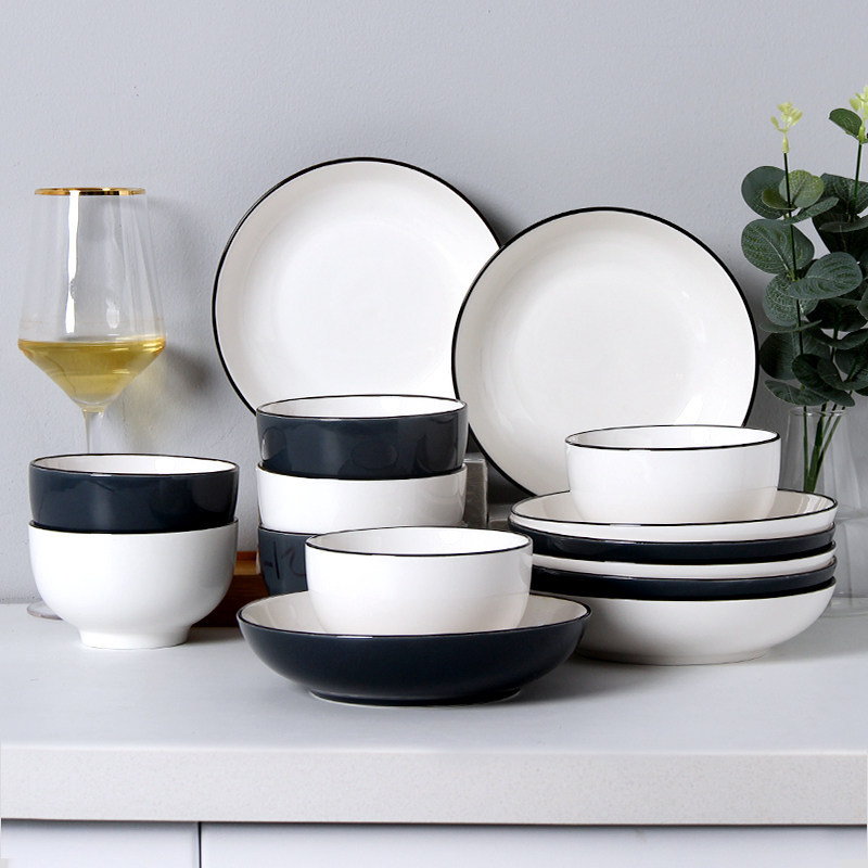 Dinnerware Set for 6 People, Household Bowls and Chopsticks, Rice Bowls, Plates, Dishware Combination, Creative Gray Minimalist Nordic Style