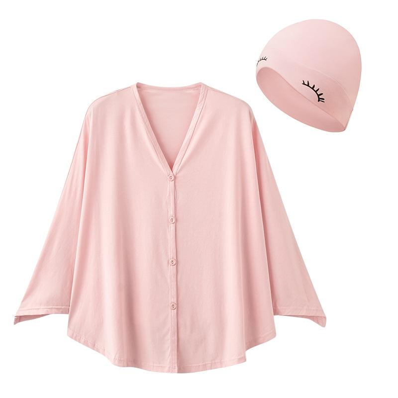 산후 엄마를위한 새로운 순면 실 땀 흡수 숄 모자 세트, 방풍 및 따뜻한 숄, 수면 용 감금 모자