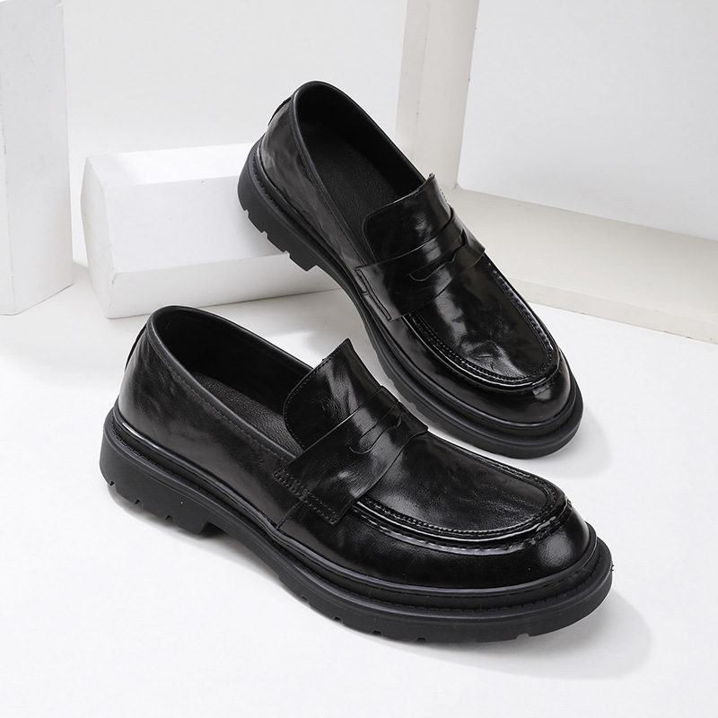 Kuhleder Hären Loafers mat décker Sohle, erhéicht véier Saisonsschuhe Business Casual Liederschuhe Ierbsenschuhe_voghion.com