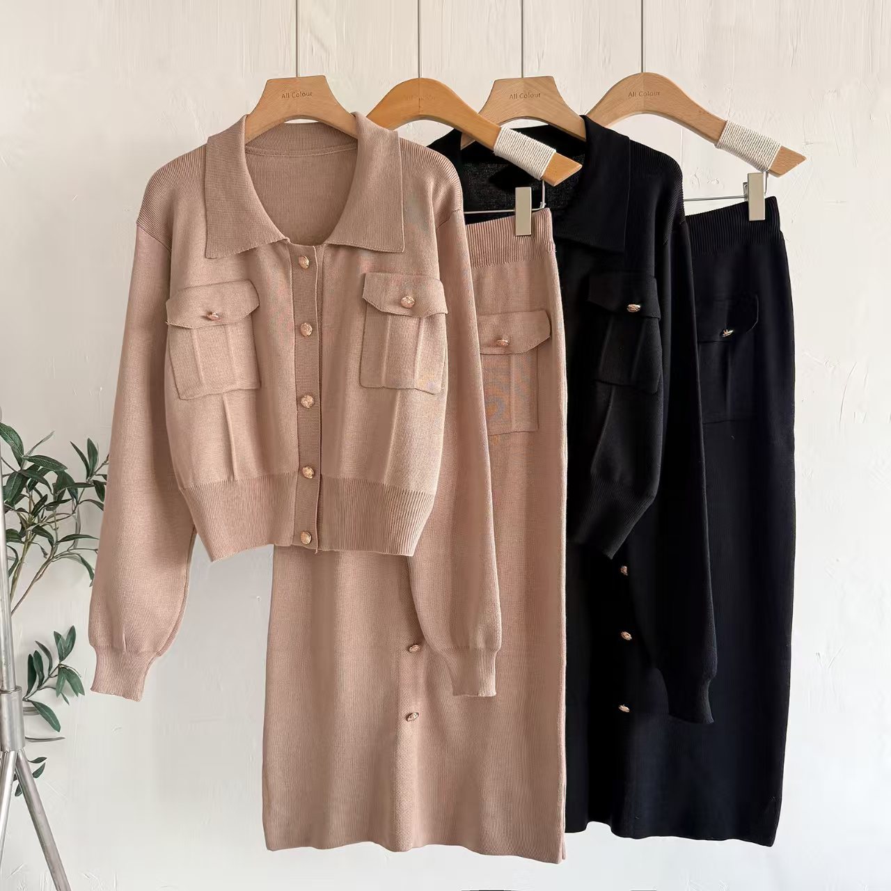 跨境法式翻领小香风套装秋冬毛衣女开衫上衣针织修身半身裙两件套