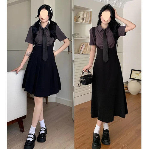 Sweet and Spicy School Style Unisex Women's Oversized Blouse + Tied Waist Pleated Short/Long Dress Sexy Fashion Set