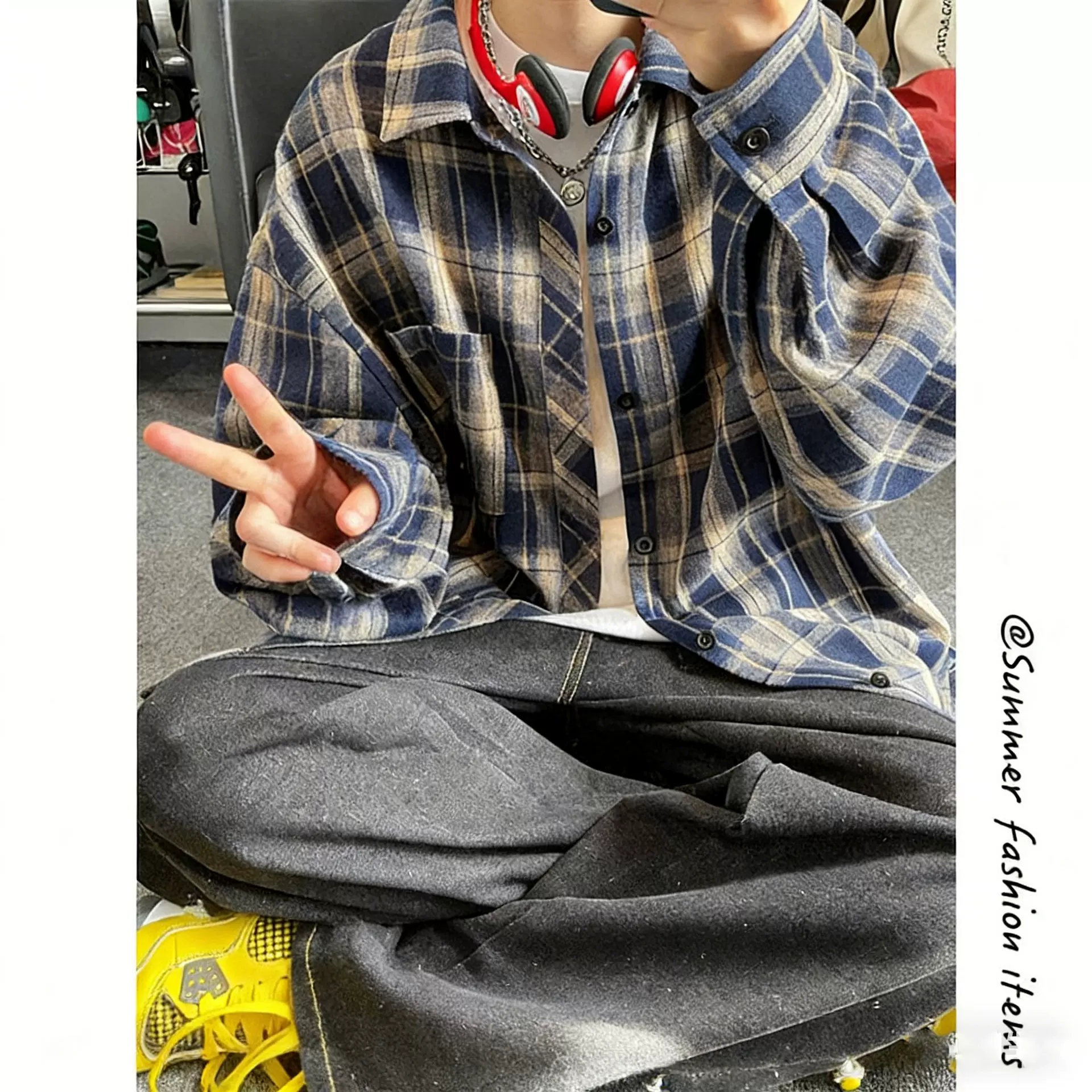 咖色格子衬衫男长袖加绒厚保暖宽松大码潮流美式休闲衬衣外套