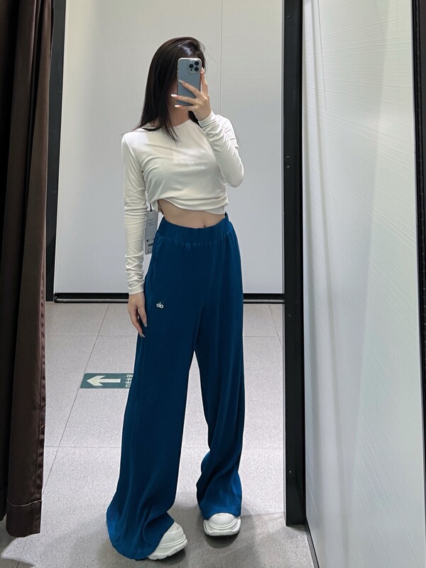 alo高腰直筒褶皱阔腿休闲裤宽松显瘦舒适轻盈透气裸感瑜伽女长裤|undefined