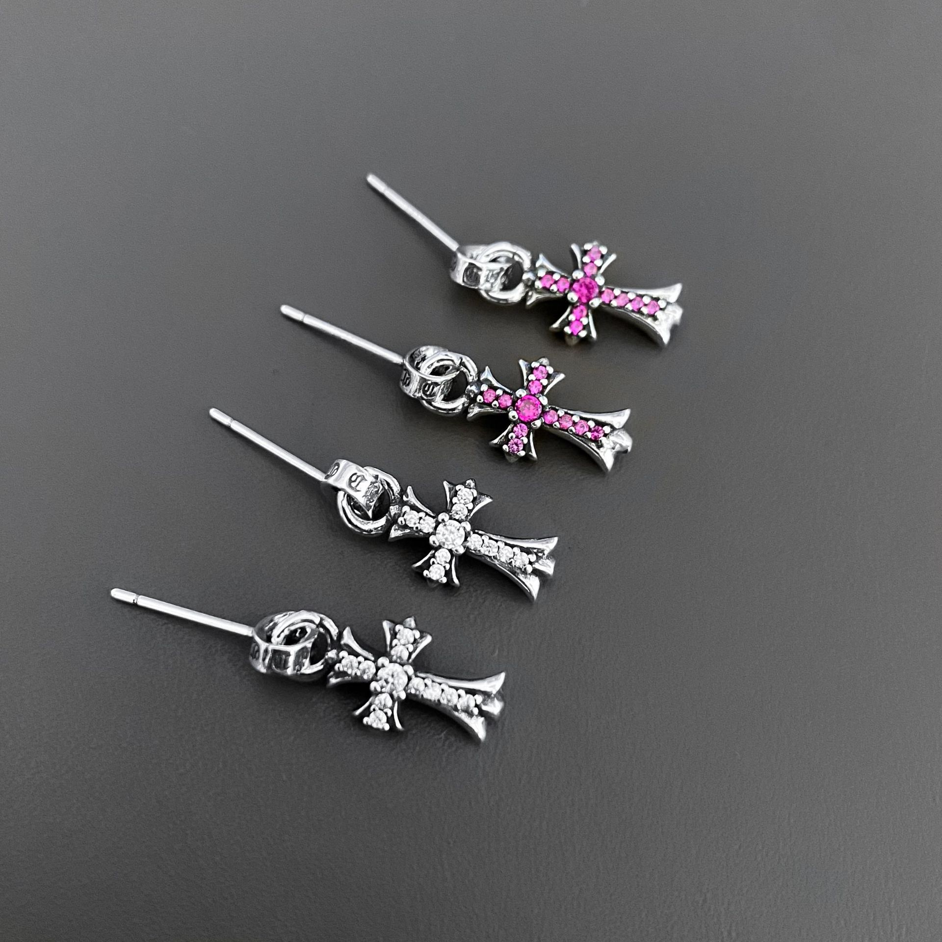 Ch Hip-Hop Classic Cross Earrings for Women, Handmade Stone-Encrusted Trendy Versatile High-End Earrings for Men