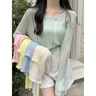 Summer Thin Cut Out Transparent Ice Silk Sun Protection Clothing Women's Long-Sleeved Knitted Blouse Air-Conditioned Shirt Mask T-Shirt Top