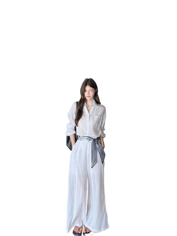 法式气质感套装女秋季2025新款白色刺绣蕾丝拼接衬衫拖地长裤|undefined