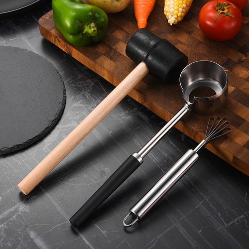 Stainless steel coconut opener set, coconut meat plane with wooden handle, coconut rubber opener hammer, green tender coconut opening tool