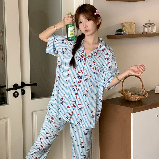 New striped contrast color instant face Kitty ice silk short sleeve trousers pajamas ins atmosphere cute cartoon home clothes