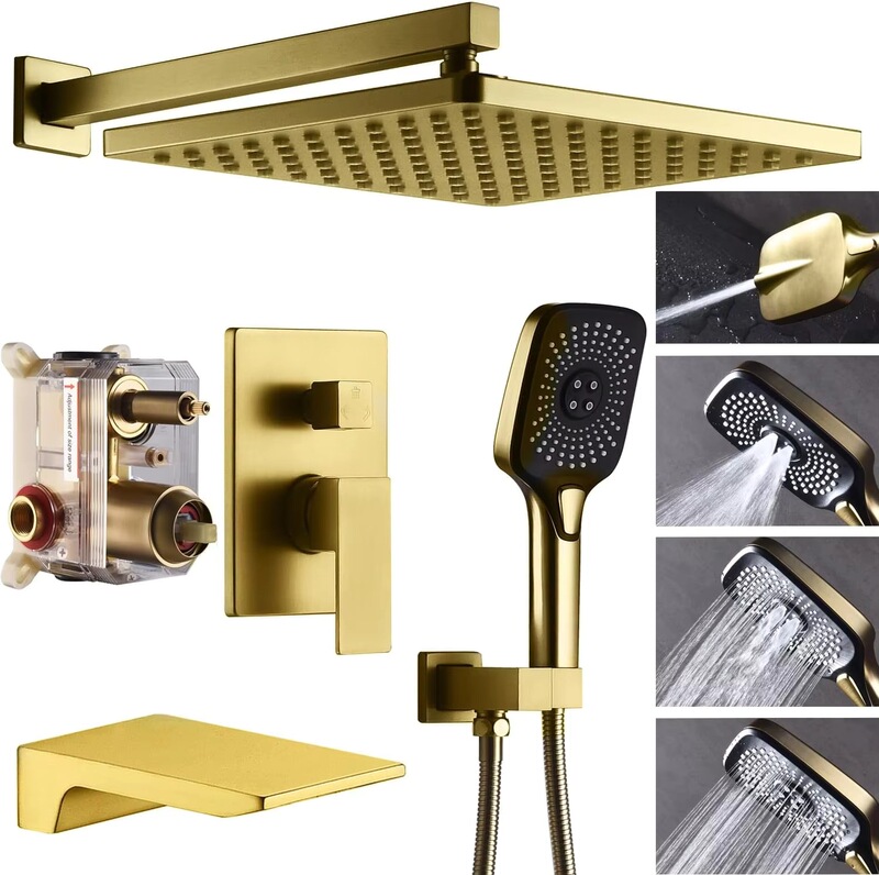 10-inch shower pressure balance valve body with brushed gold concealed wall shower system with bathtub spout