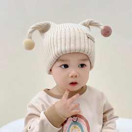 婴儿帽子秋冬季韩版可爱触角针织帽男童女宝宝冬天护耳加厚毛线帽