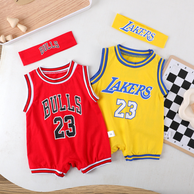 Baby Jumpsuit Summer Pure Cotton Thin Baby Sleeveless Vest Basketball Uniform Newborn Sportswear Super Cute Crawling Suit