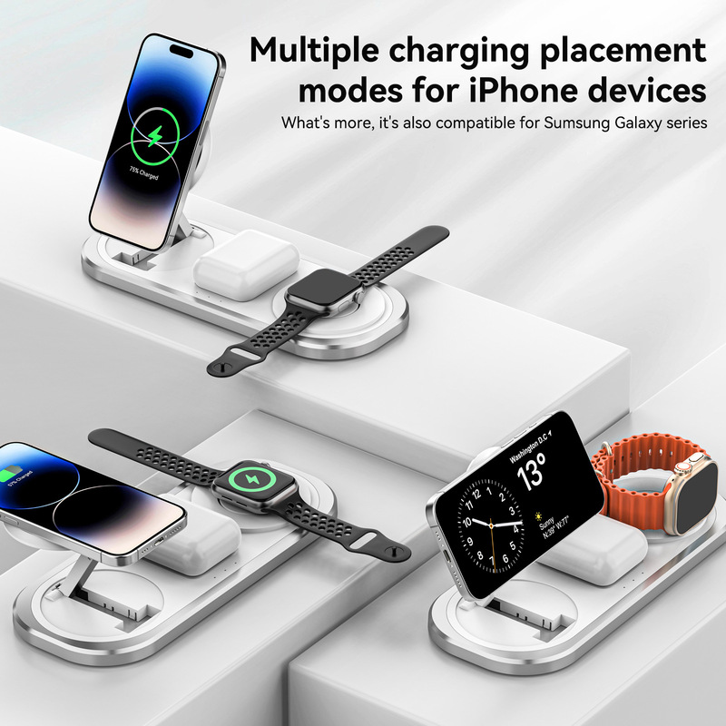新しい折りたたみ式スリーインワンワイヤレス充電器携帯電話ワイヤレス高速充電スタンド時計ヘッドフォン充電器|undefined